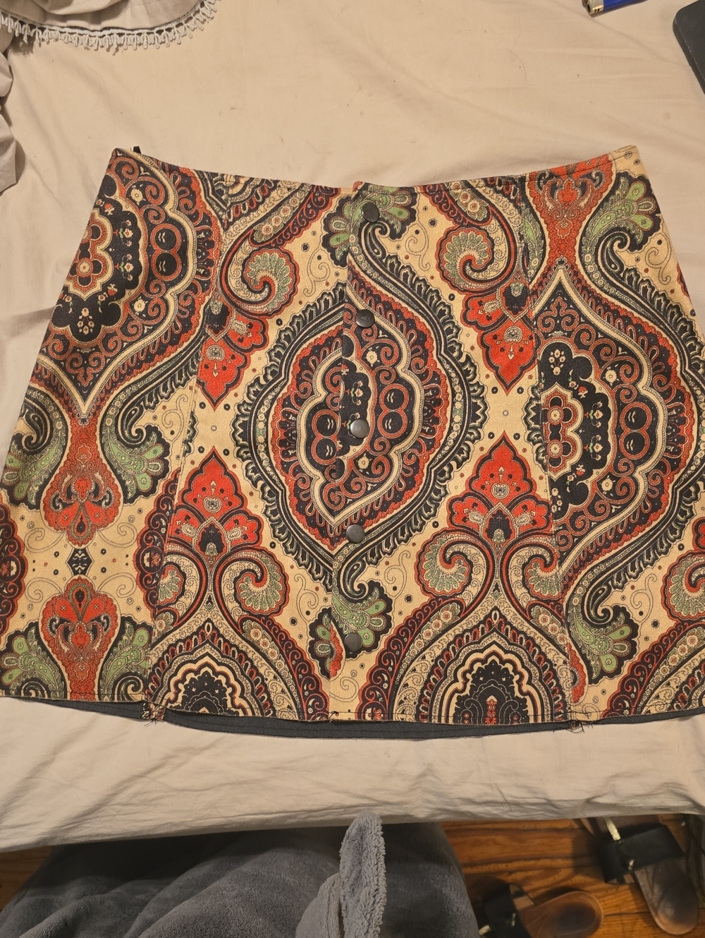 Fashion Union Paisley Mini Skirt in Cream, Orange, Brown and Army Green
